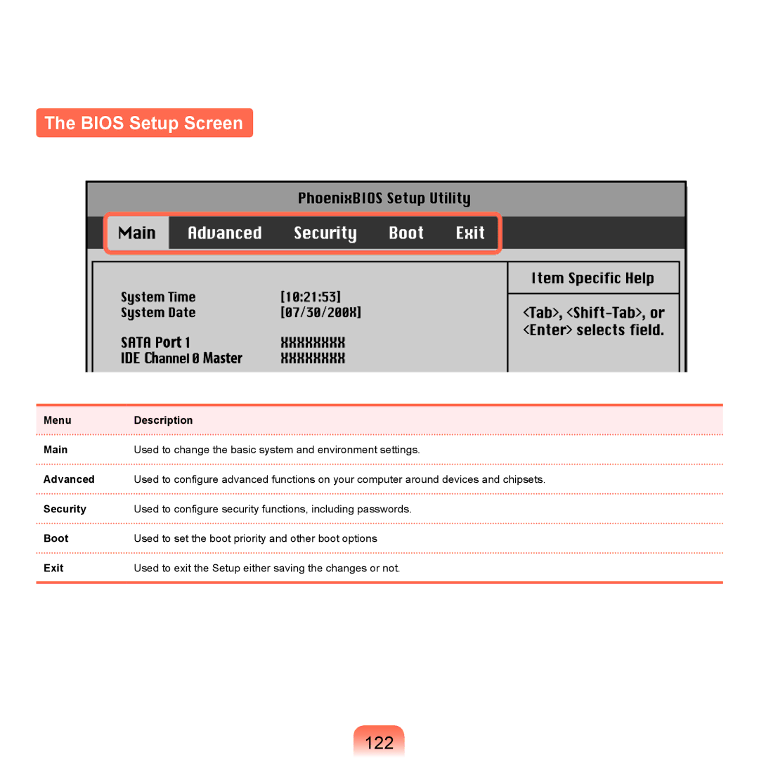 Samsung R20plus, R25plus, R26plus, R21plus, R19plus manual Bios Setup Screen, 122, Menu 