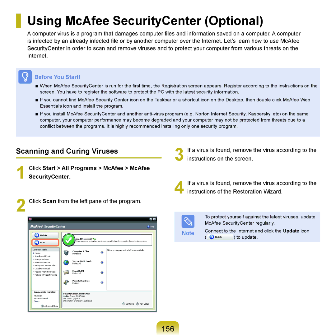 Samsung R21plus, R25plus, R20plus, R26plus, R19 Using McAfee SecurityCenter Optional, 156, Scanning and Curing Viruses 