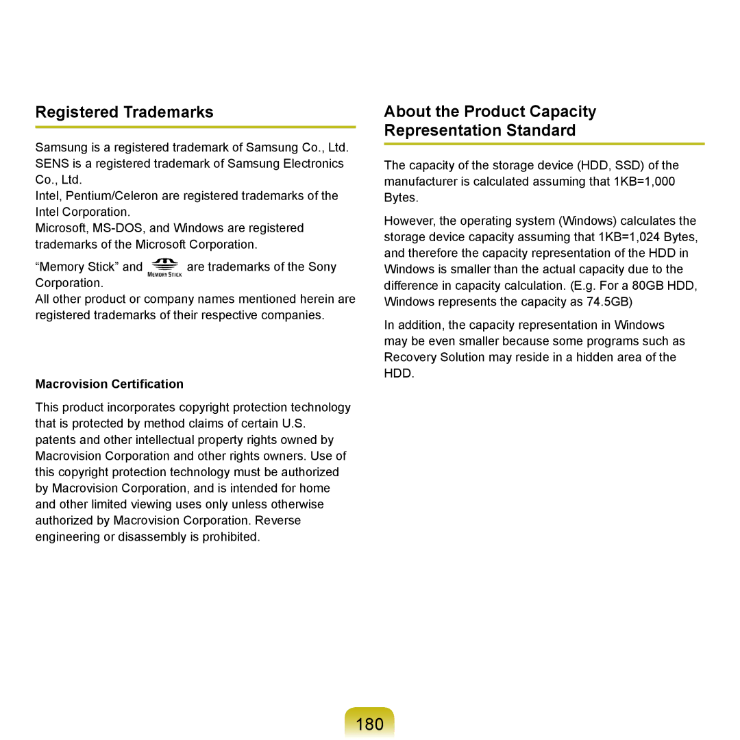 Samsung R21plus 180, Registered Trademarks, About the Product Capacity Representation Standard, Macrovision Certification 