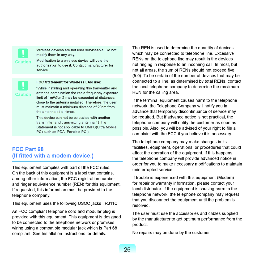 Samsung R20plus, R25plus, R26plus, R21plus, R19 FCC Part If fitted with a modem device, FCC Statement for Wireless LAN use 