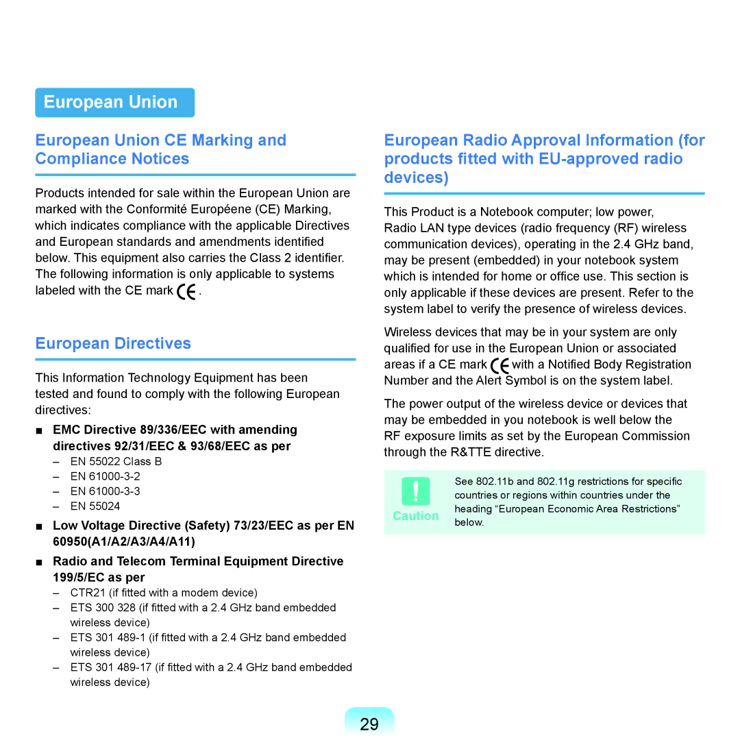 Samsung R19, R25plus, R21, R20plus, R26plus manual European Union CE Marking and Compliance Notices, European Directives 