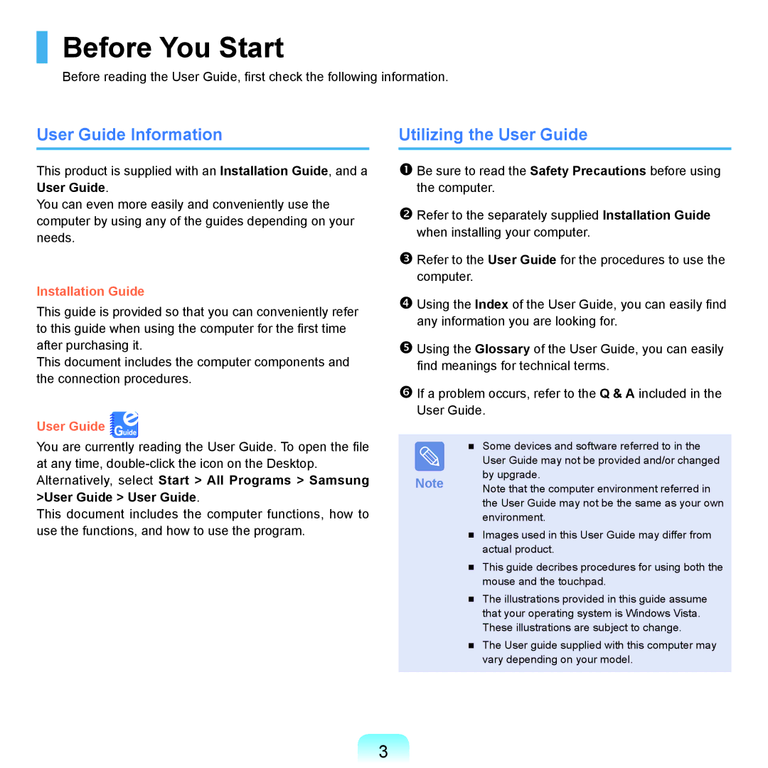 Samsung R26plus, R25plus, R20plus, R21plus, R19 manual Before You Start, User Guide Information, Utilizing the User Guide 