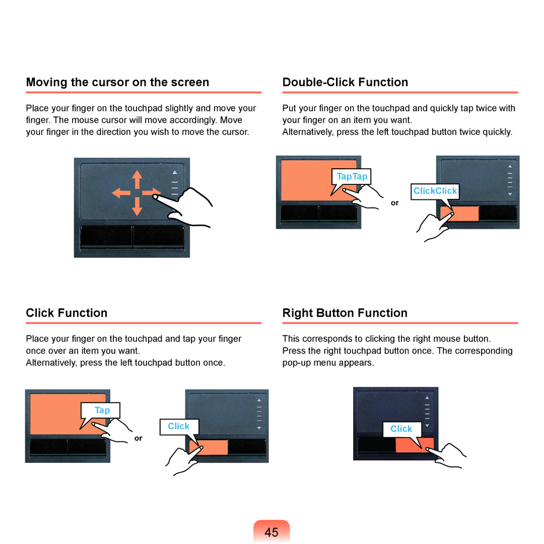 Samsung R19, R25plus, R21, R20plus, R26plus Moving the cursor on the screen, Double-Click Function, Right Button Function 