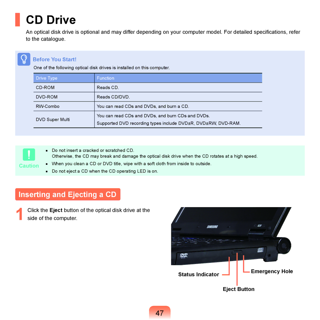 Samsung R25plus, R21, R20plus, R19 CD Drive, Inserting and Ejecting a CD, Status Indicator Emergency Hole Eject Button 