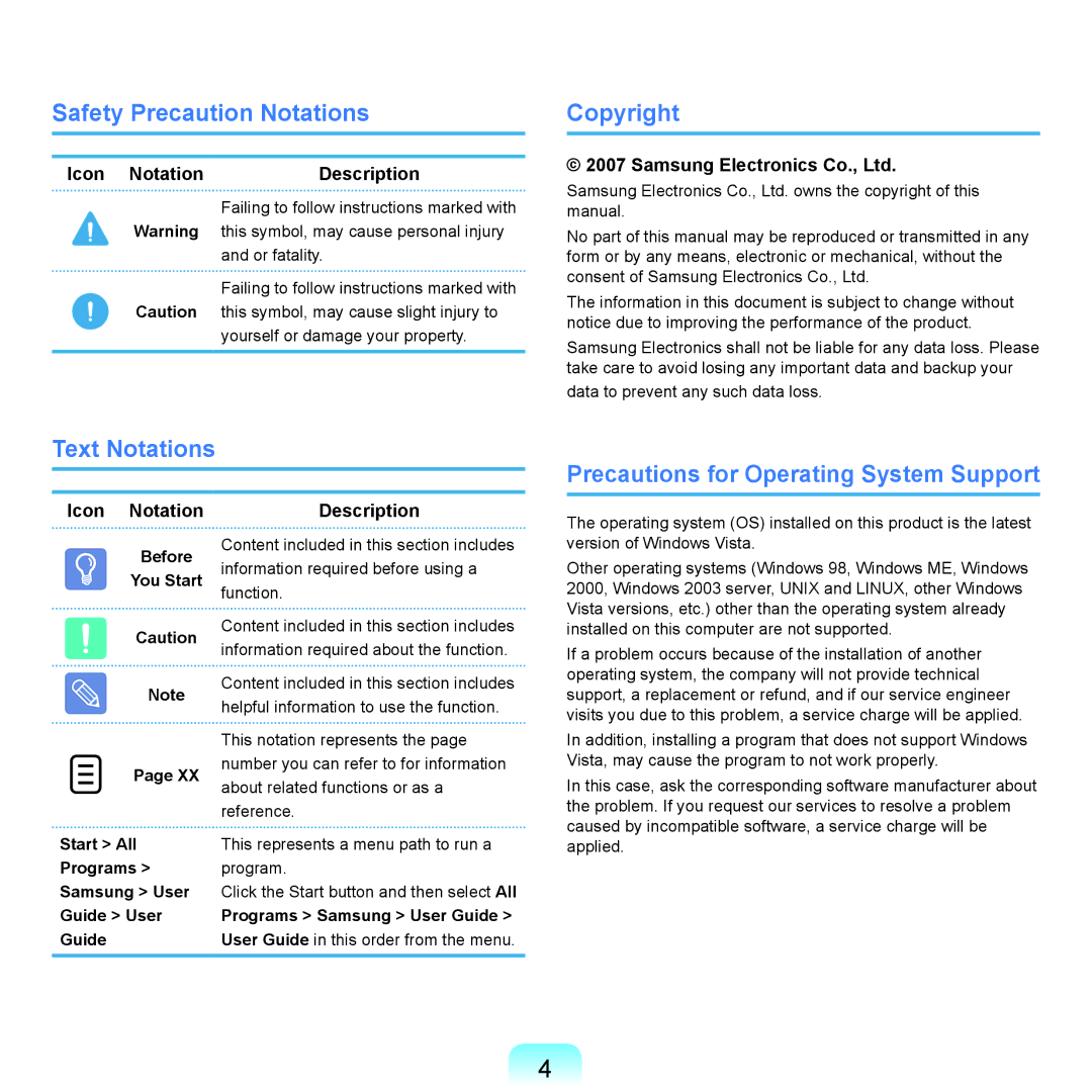 Samsung R21plus, R25plus Safety Precaution Notations, Copyright, Text Notations Precautions for Operating System Support 