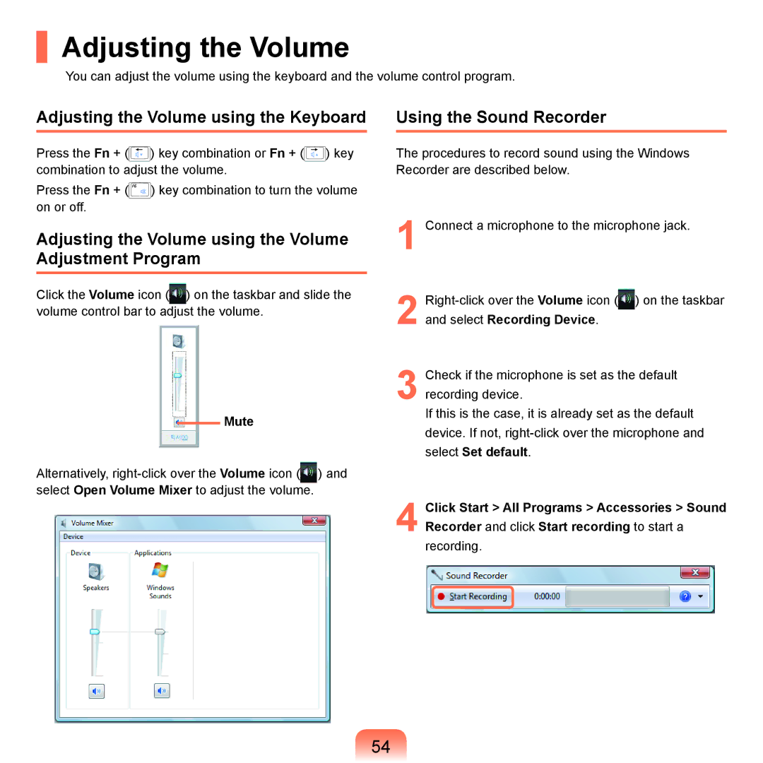 Samsung R19plus, R20 Adjusting the Volume using the Keyboard, Adjusting the Volume using the Volume Adjustment Program 