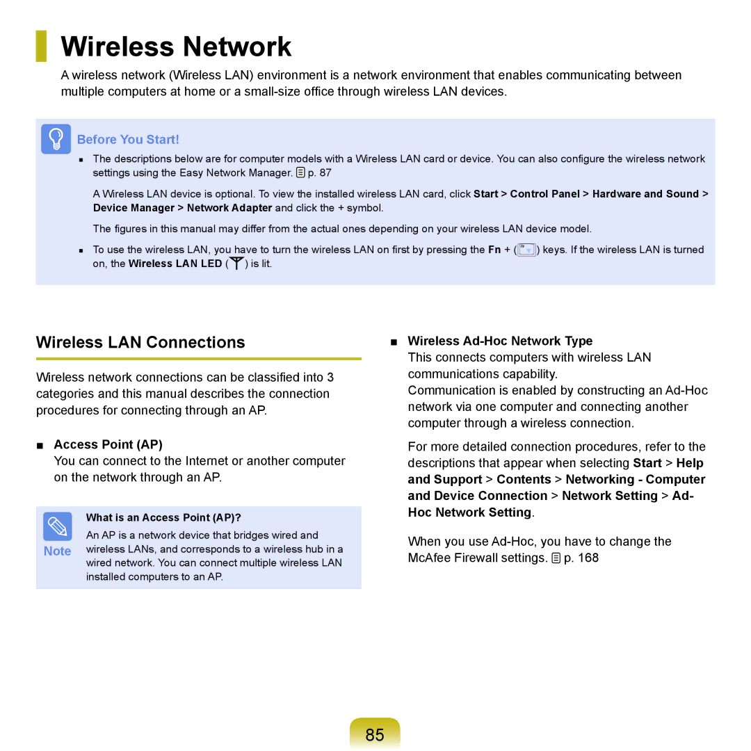 Samsung R19, R25plus, R20, R21 Wireless Network, Wireless LAN Connections, Access Point AP, Wireless Ad-Hoc Network Type 