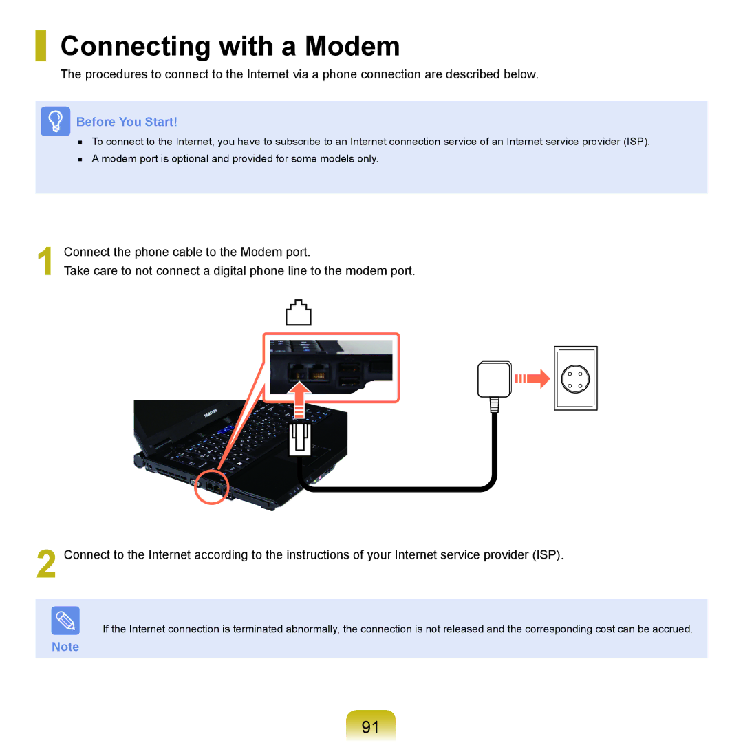 Samsung R26plus, R25plus, R20plus, R21plus, R19plus manual Connecting with a Modem 