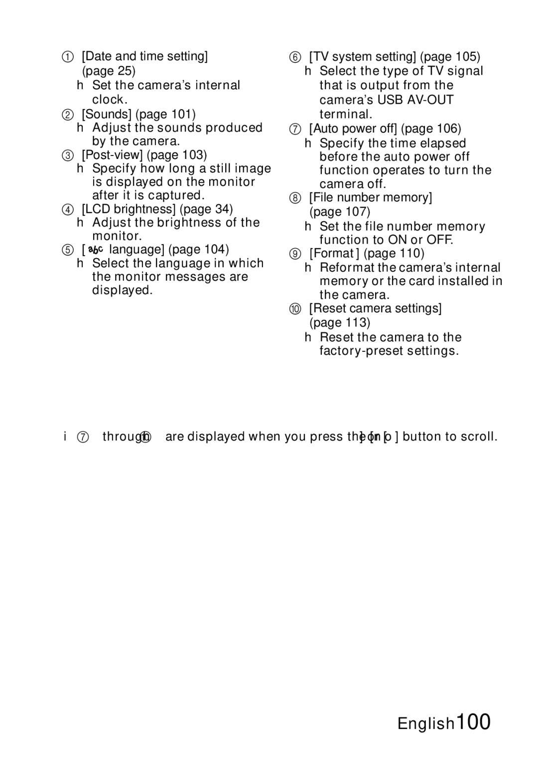 Samsung R50 Date and time setting, Sounds, Post-view, LCD brightness, Language page 104 h Select the language in which 