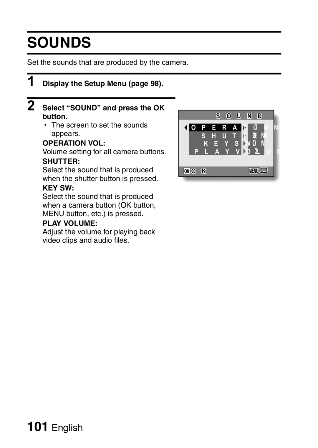 Samsung R50 instruction manual Sounds, Display the Setup Menu Select Sound and press the OK button 