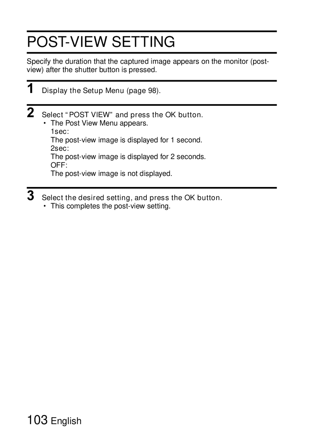 Samsung R50 instruction manual POST-VIEW Setting, 1sec, 2sec, Select the desired setting, and press the OK button 