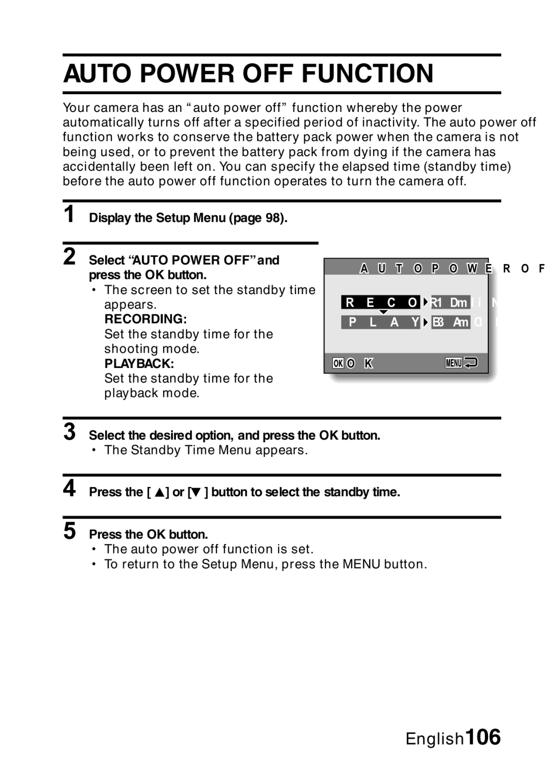 Samsung R50 instruction manual Auto Power OFF Function, Select the desired option, and press the OK button 