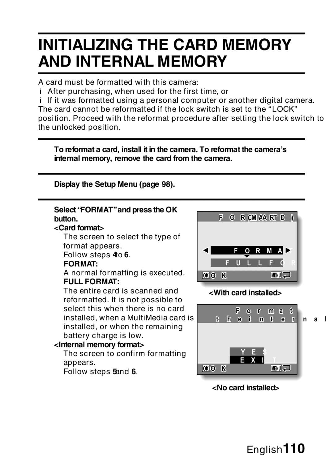 Samsung R50 instruction manual Initializing the Card Memory and Internal Memory, Internal memory format 