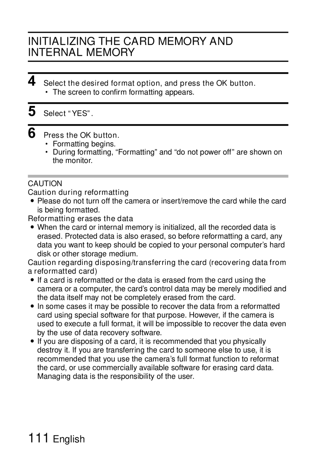 Samsung R50 Initializing the Card Memory and Internal Memory, Select the desired format option, and press the OK button 