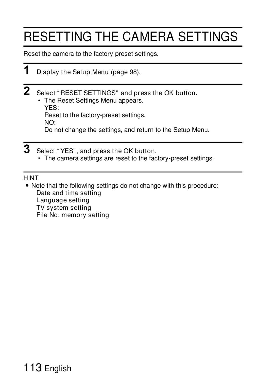 Samsung R50 instruction manual Resetting the Camera Settings, Select YES, and press the OK button 