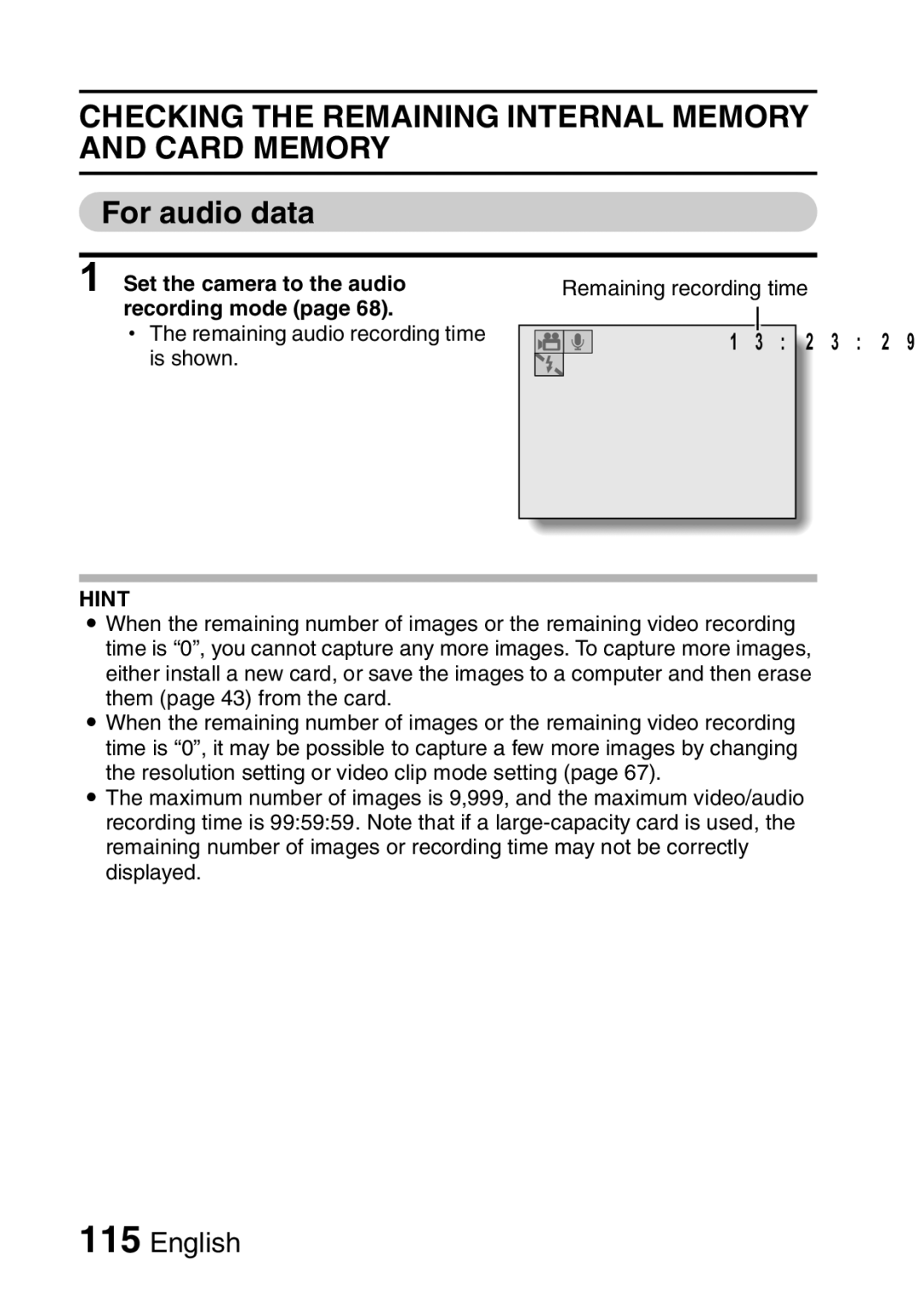 Samsung R50 instruction manual Checking the Remaining Internal Memory and Card Memory, For audio data 