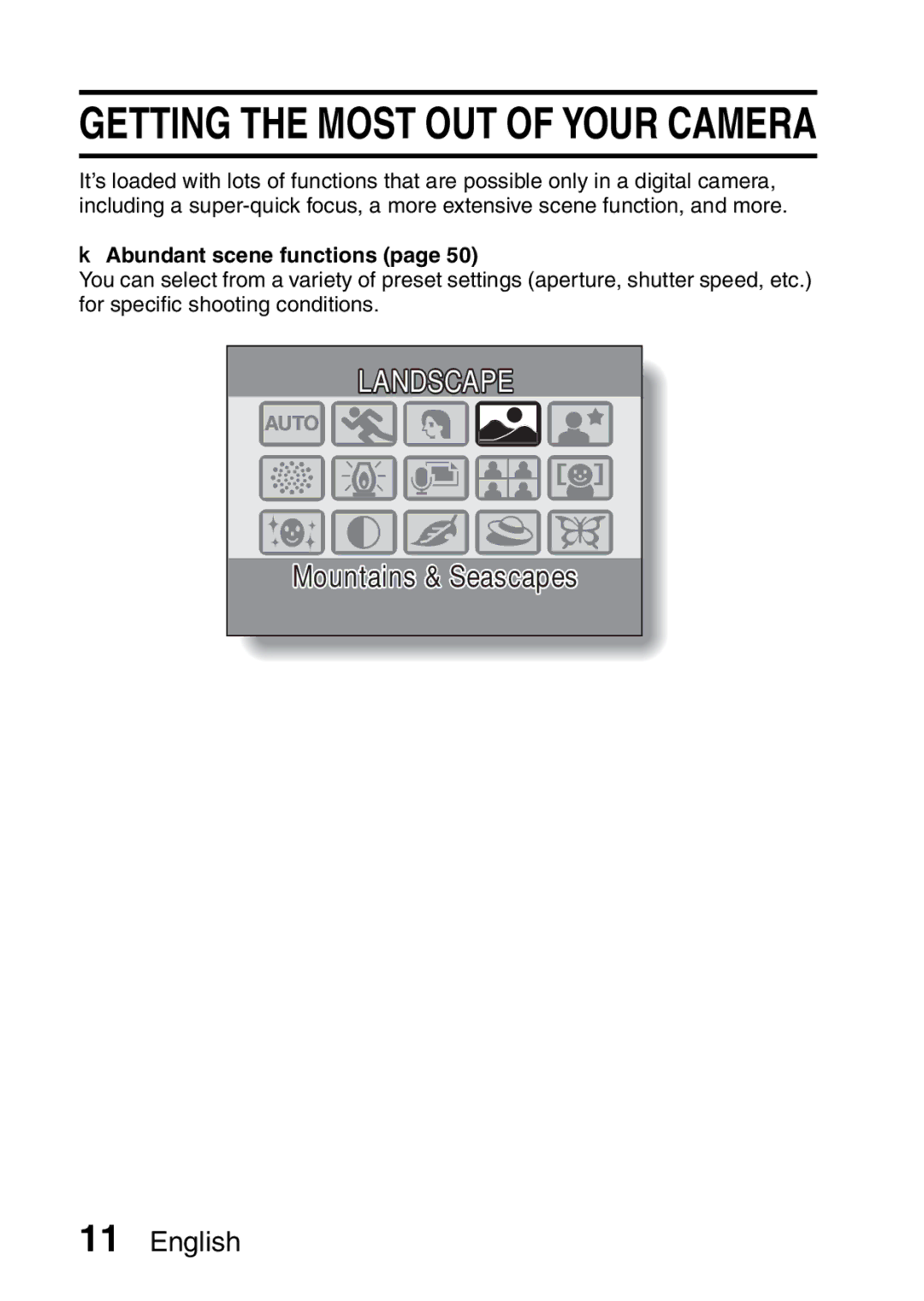 Samsung R50 instruction manual Getting the Most OUT of Your Camera, Abundant scene functions 