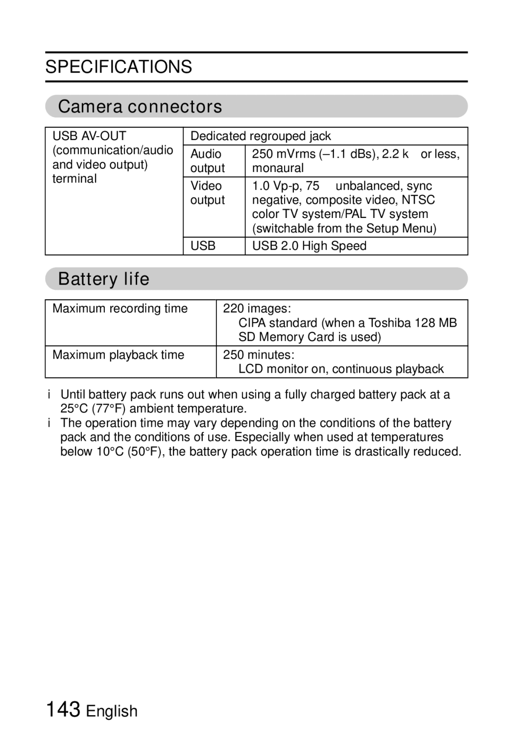 Samsung R50 instruction manual Camera connectors, Battery life 