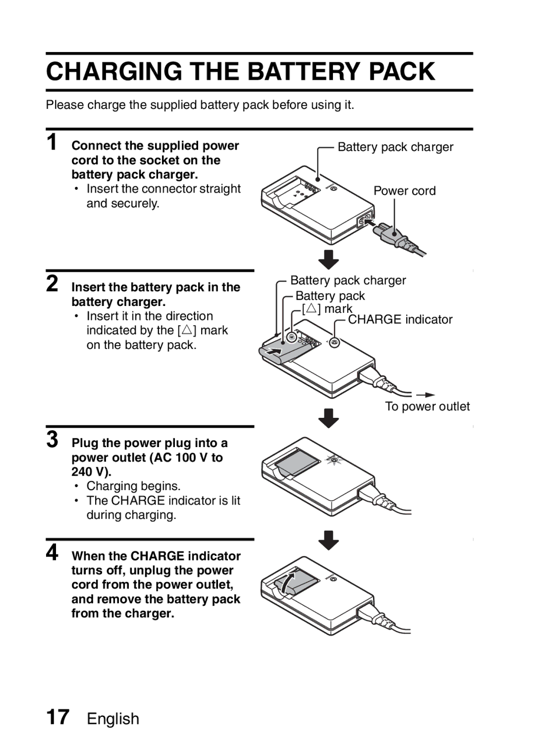 Samsung R50 instruction manual Charging the Battery Pack, Insert the battery pack in the battery charger 