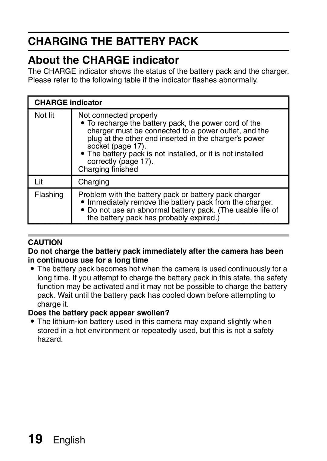 Samsung R50 instruction manual Charging the Battery Pack, About the Charge indicator, Does the battery pack appear swollen? 