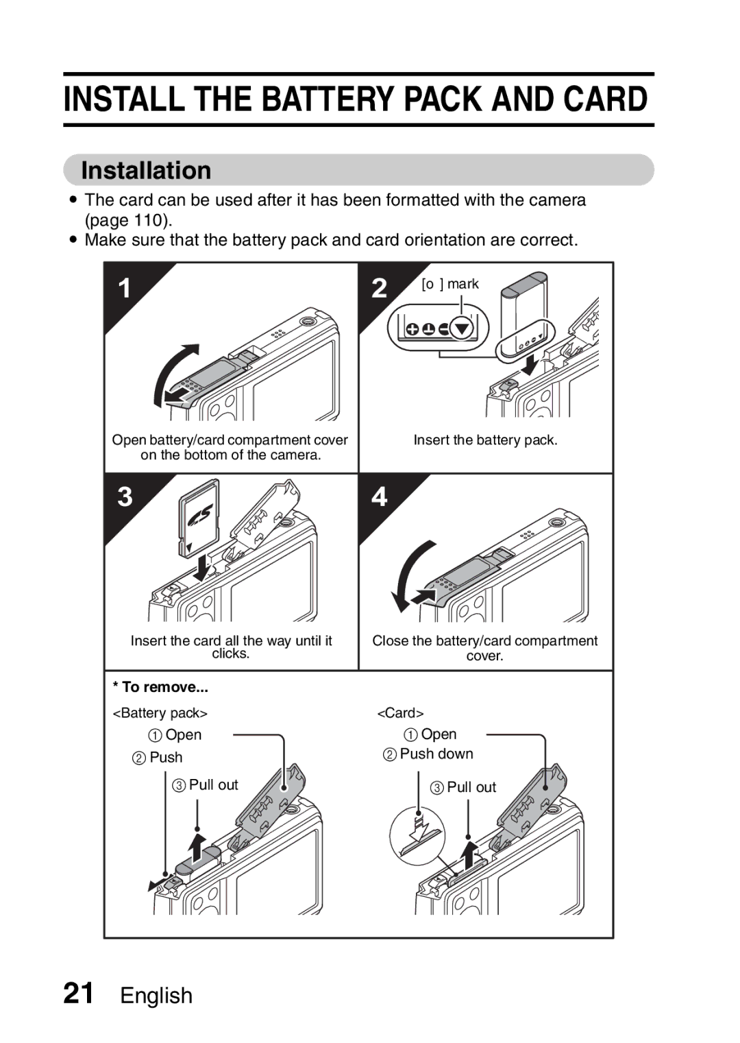 Samsung R50 instruction manual Install the Battery Pack and Card, Installation 