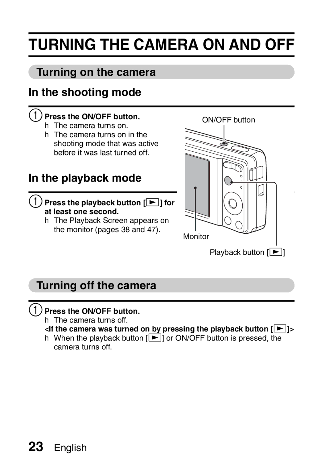 Samsung R50 Turning the Camera on and OFF, Turning on the camera Shooting mode, Playback mode, Turning off the camera 