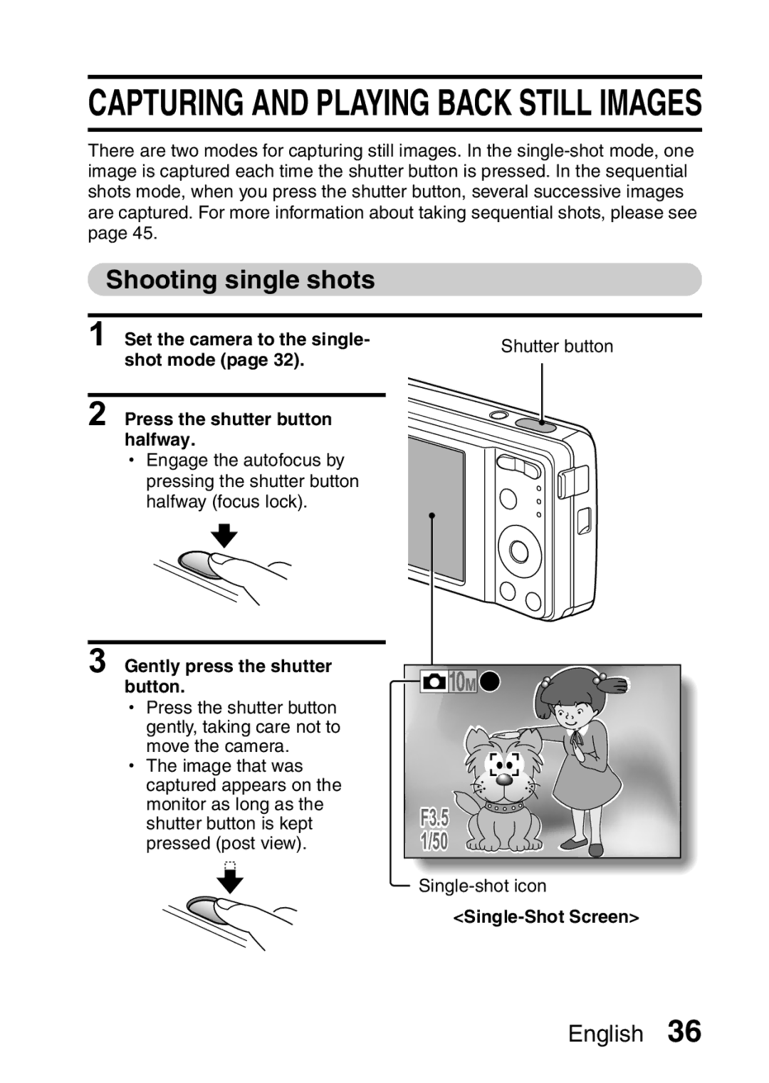 Samsung R50 instruction manual Shooting single shots, Gently press the shutter Button, Single-Shot Screen 