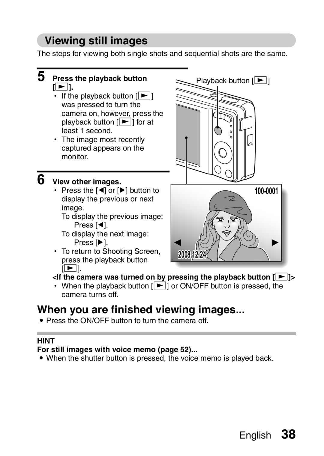 Samsung R50 Viewing still images, When you are finished viewing images, Press the playback button, View other images 