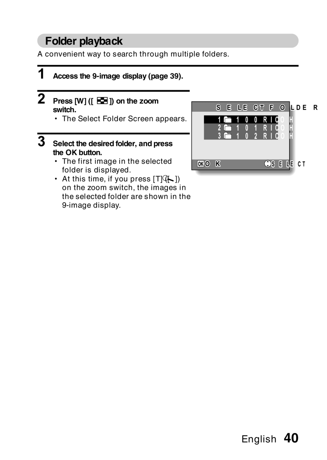 Samsung R50 instruction manual Folder playback, Access the 9-image display Press W P on the zoom switch 