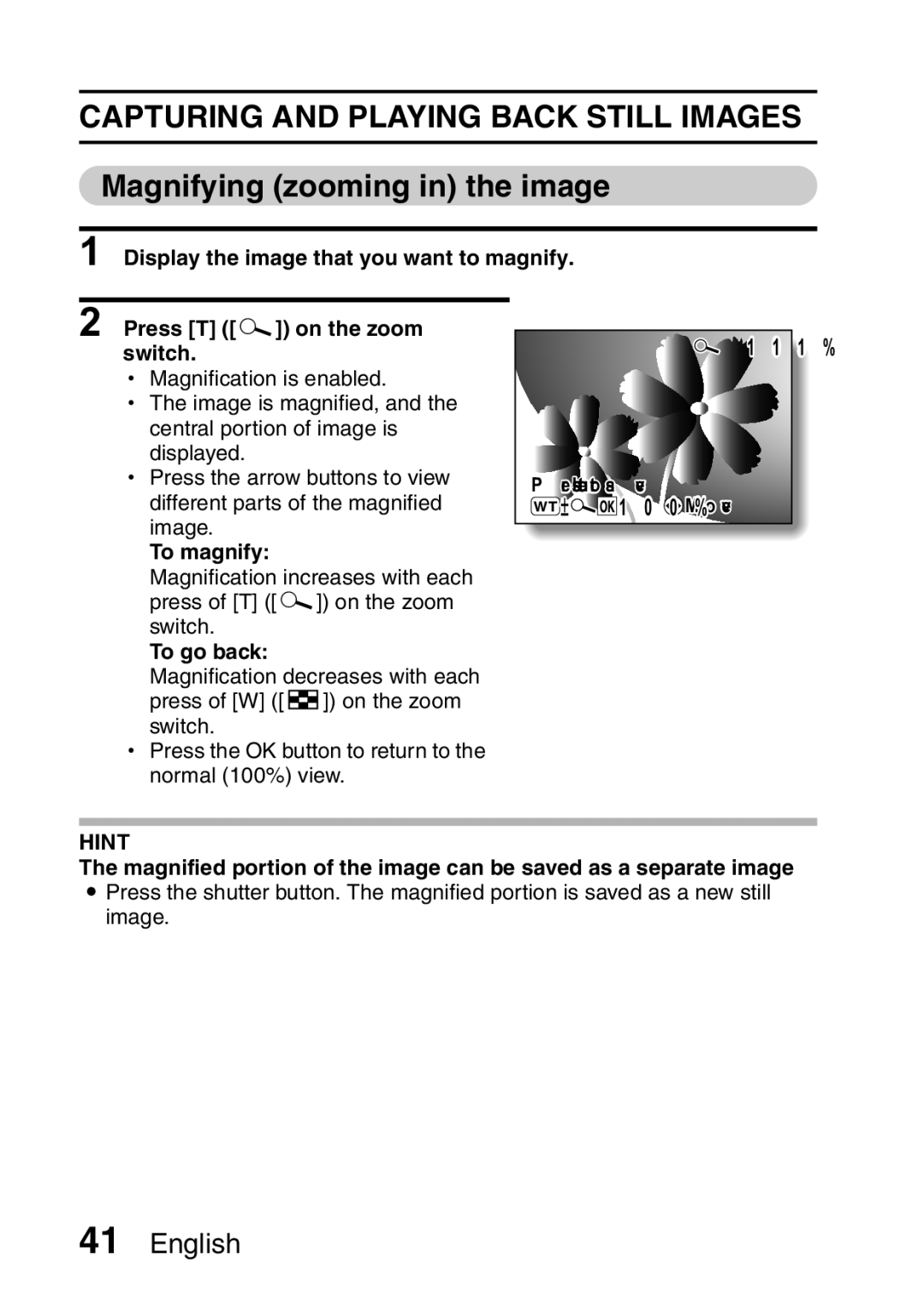 Samsung R50 instruction manual Magnifying zooming in the image, Switch, To magnify, To go back 