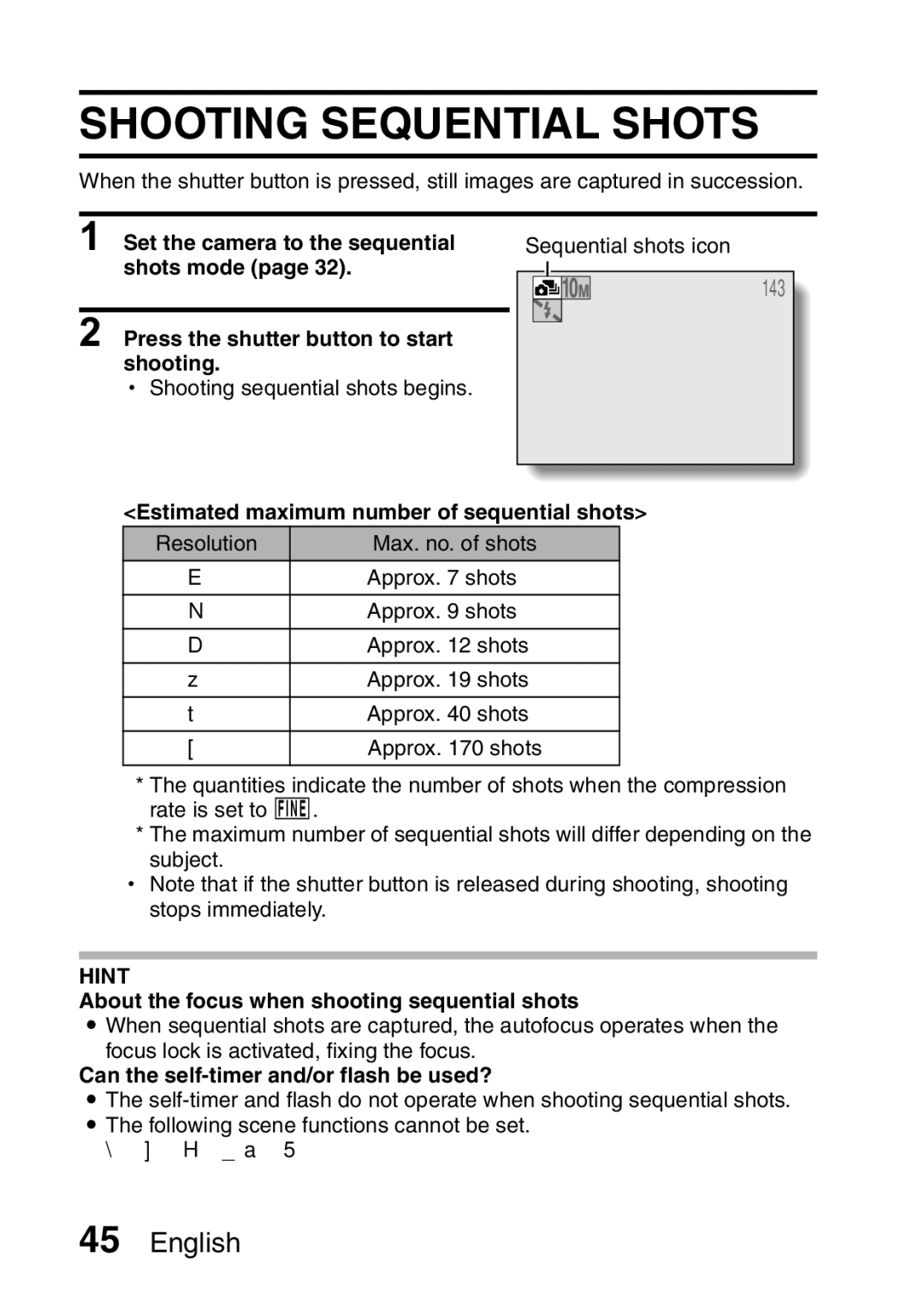 Samsung R50 instruction manual Shooting Sequential Shots, Estimated maximum number of sequential shots 