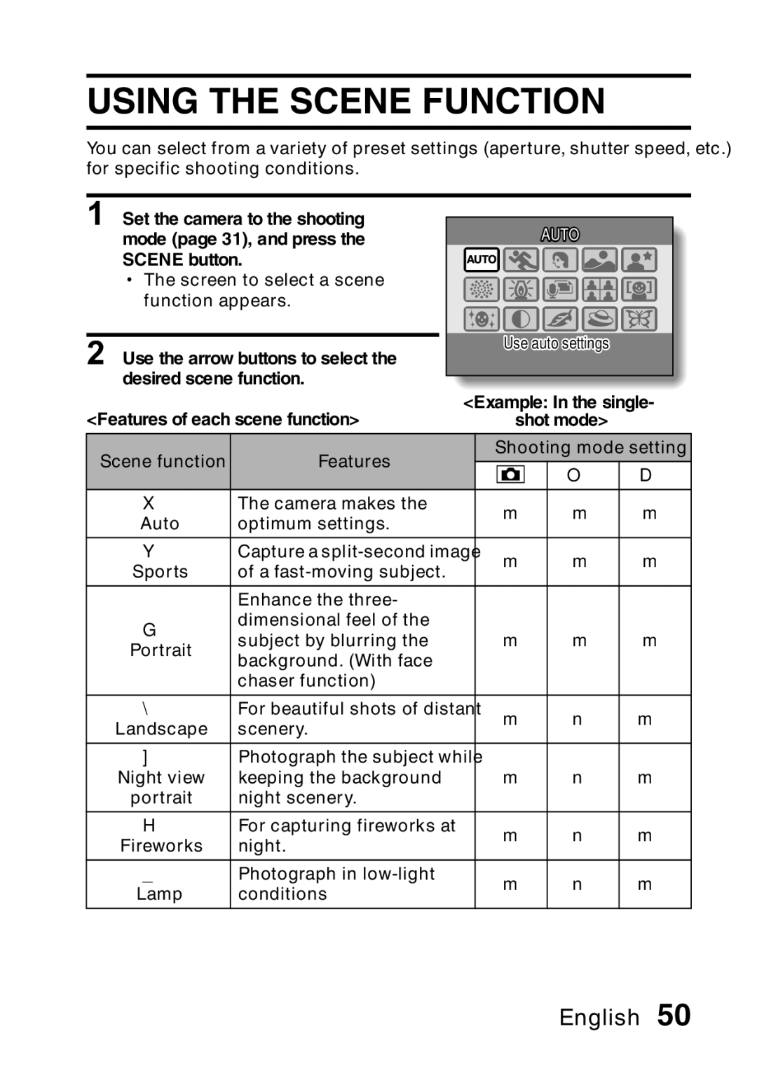 Samsung R50 instruction manual Using the Scene Function, Example In the single Shot mode 