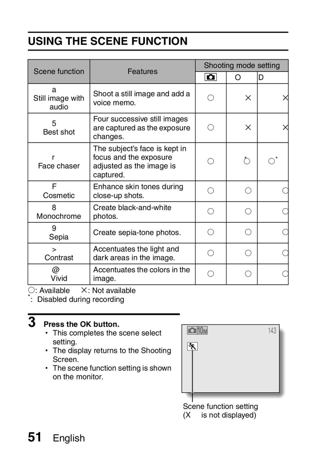 Samsung R50 instruction manual Using the Scene Function, Press the OK button 