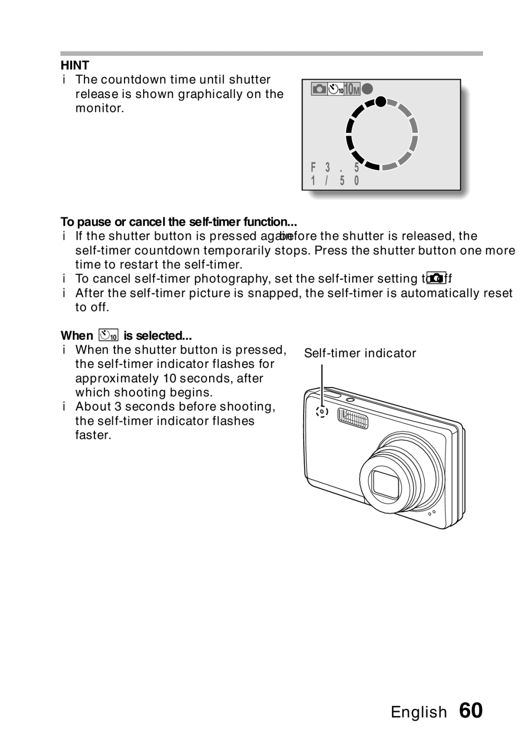 Samsung R50 instruction manual To pause or cancel the self-timer function, When xis selected 