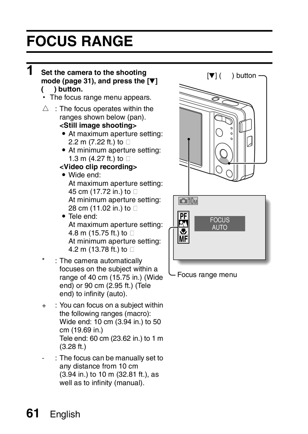 Samsung R50 instruction manual Focus Range, Still image shooting, Video clip recording i Wide end 