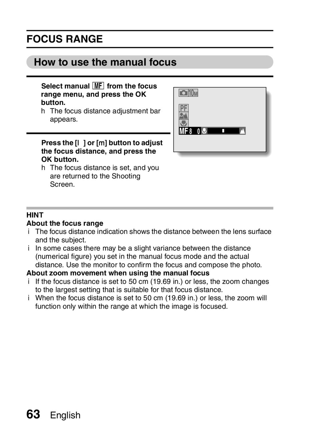 Samsung R50 instruction manual Focus Range, How to use the manual focus, About the focus range 