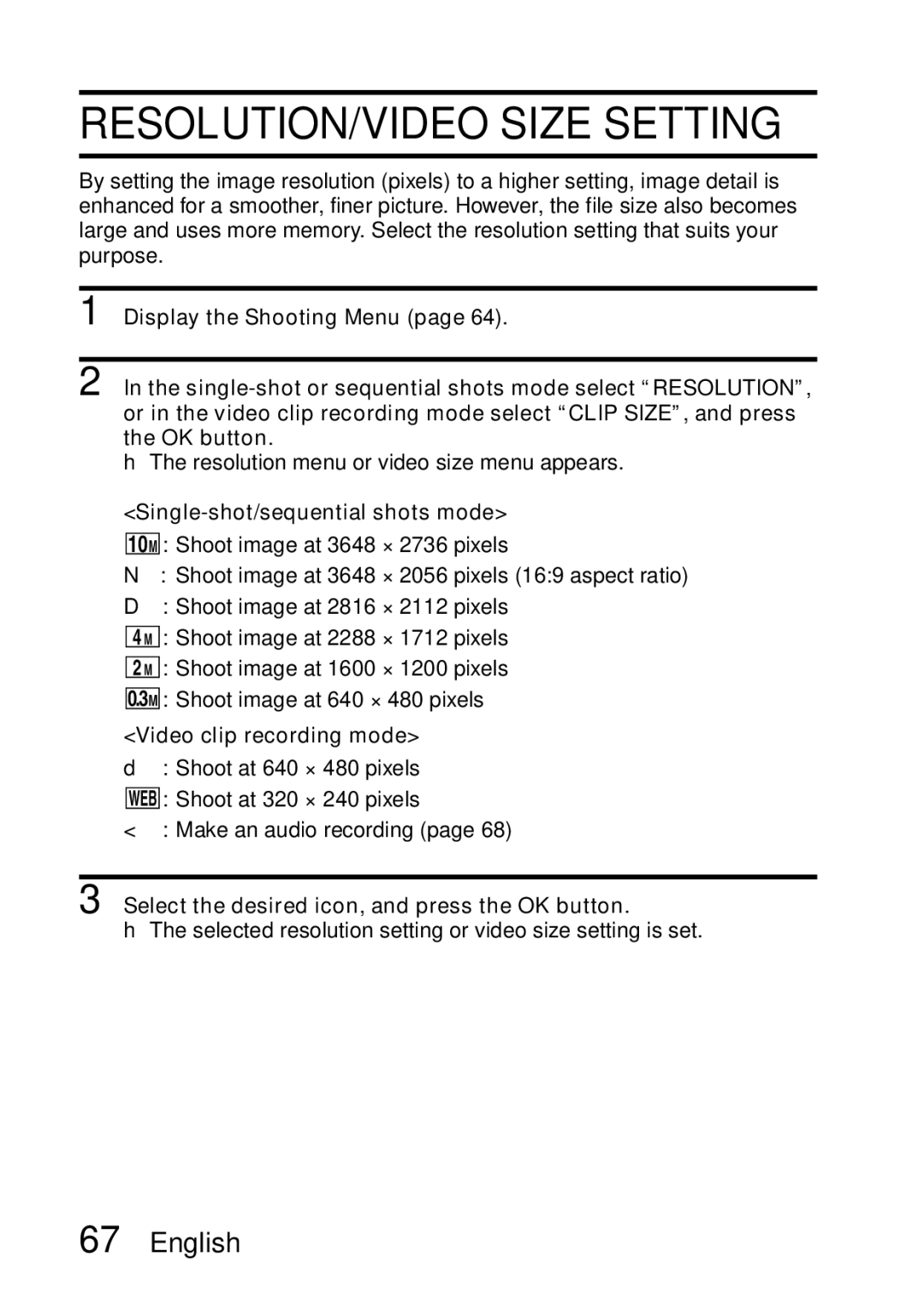 Samsung R50 RESOLUTION/VIDEO Size Setting, Video clip recording mode, Select the desired icon, and press the OK button 