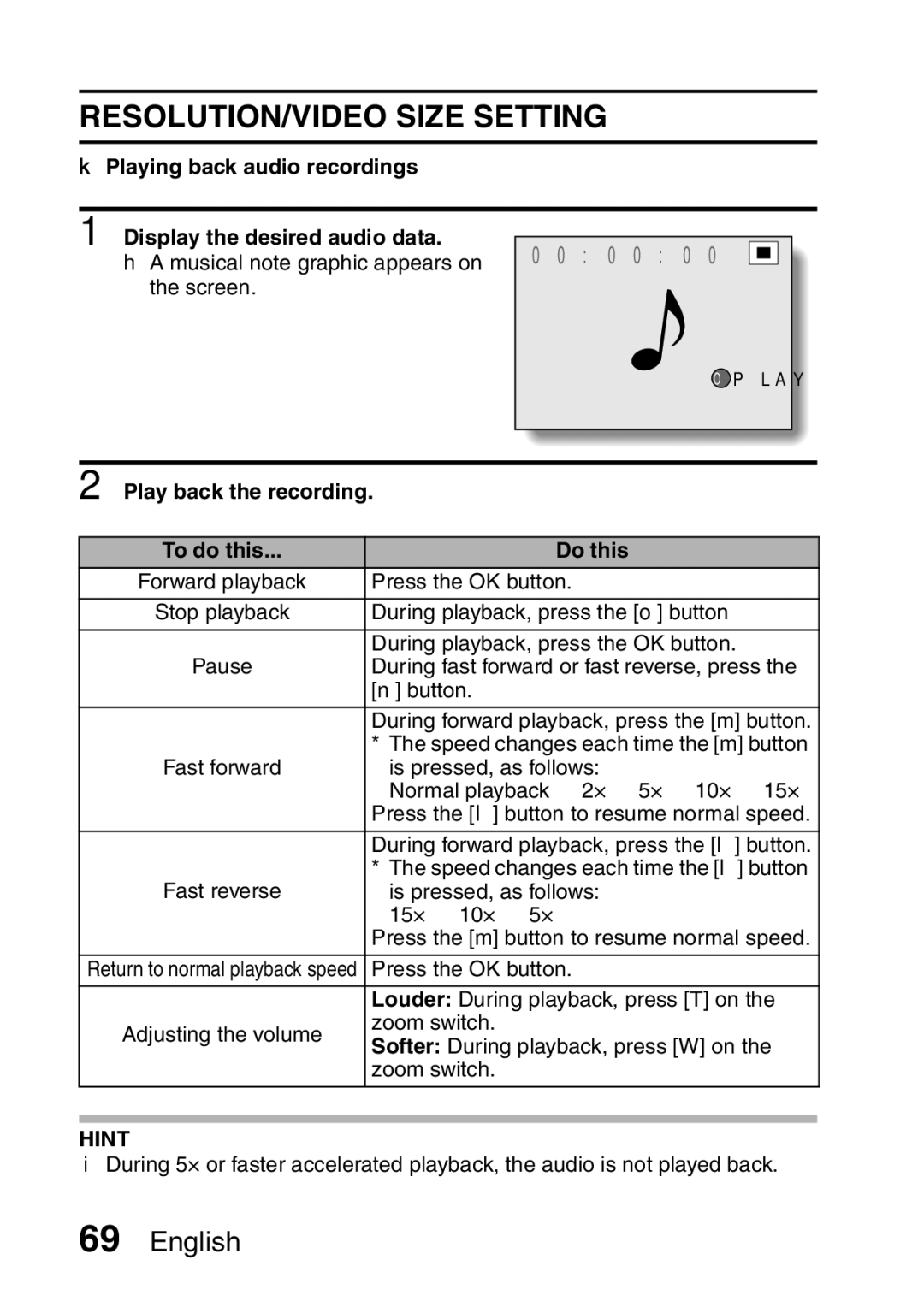 Samsung R50 instruction manual RESOLUTION/VIDEO Size Setting, Play back the recording 