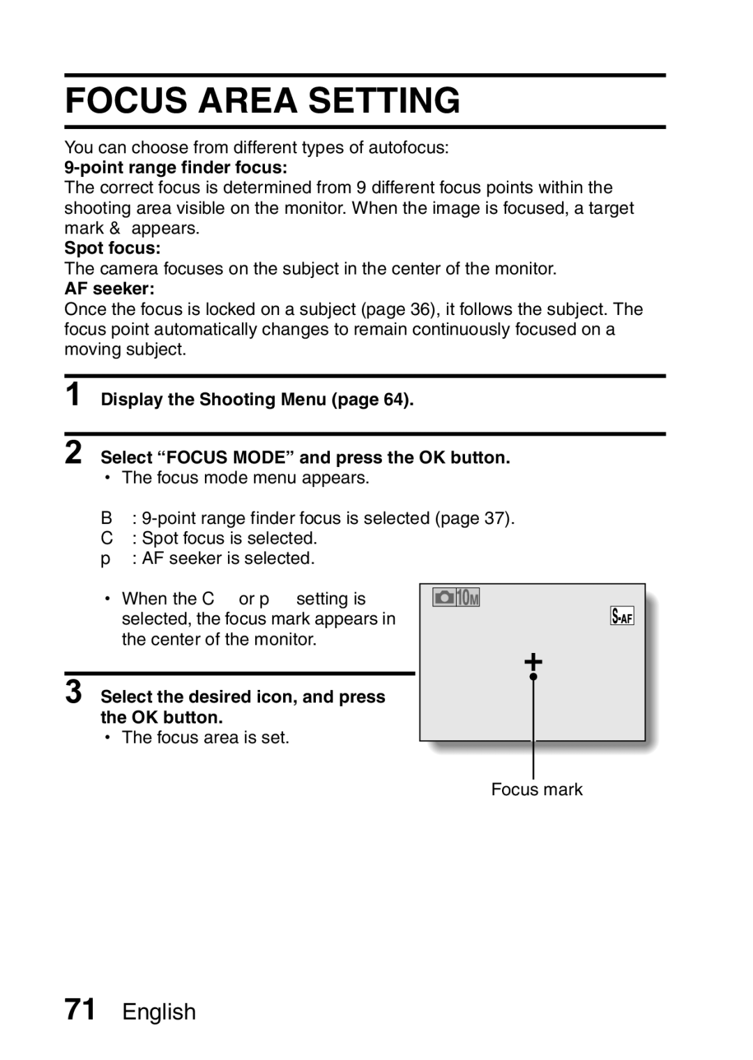 Samsung R50 instruction manual Focus Area Setting, Point range finder focus, Spot focus, AF seeker 