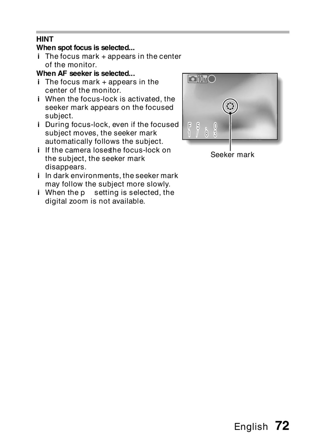 Samsung R50 instruction manual When spot focus is selected, When AF seeker is selected 