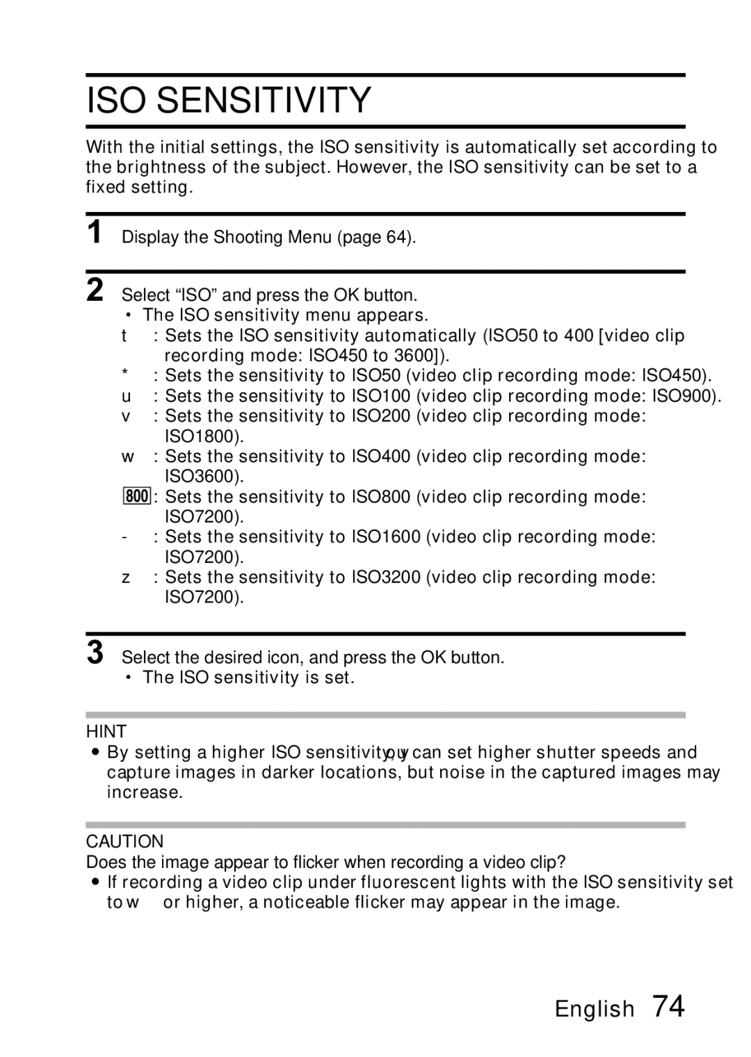 Samsung R50 instruction manual ISO Sensitivity, Display the Shooting Menu Select ISO and press the OK button 