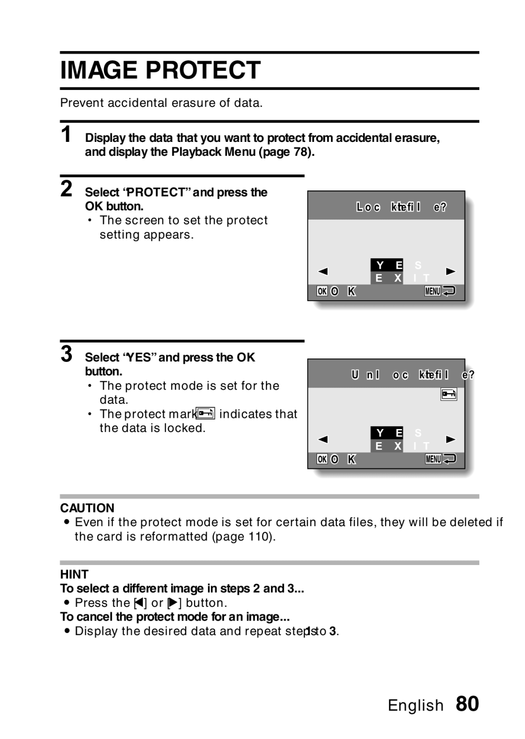 Samsung R50 instruction manual Image Protect, Select YES and press the OK button, To select a different image in steps 2 