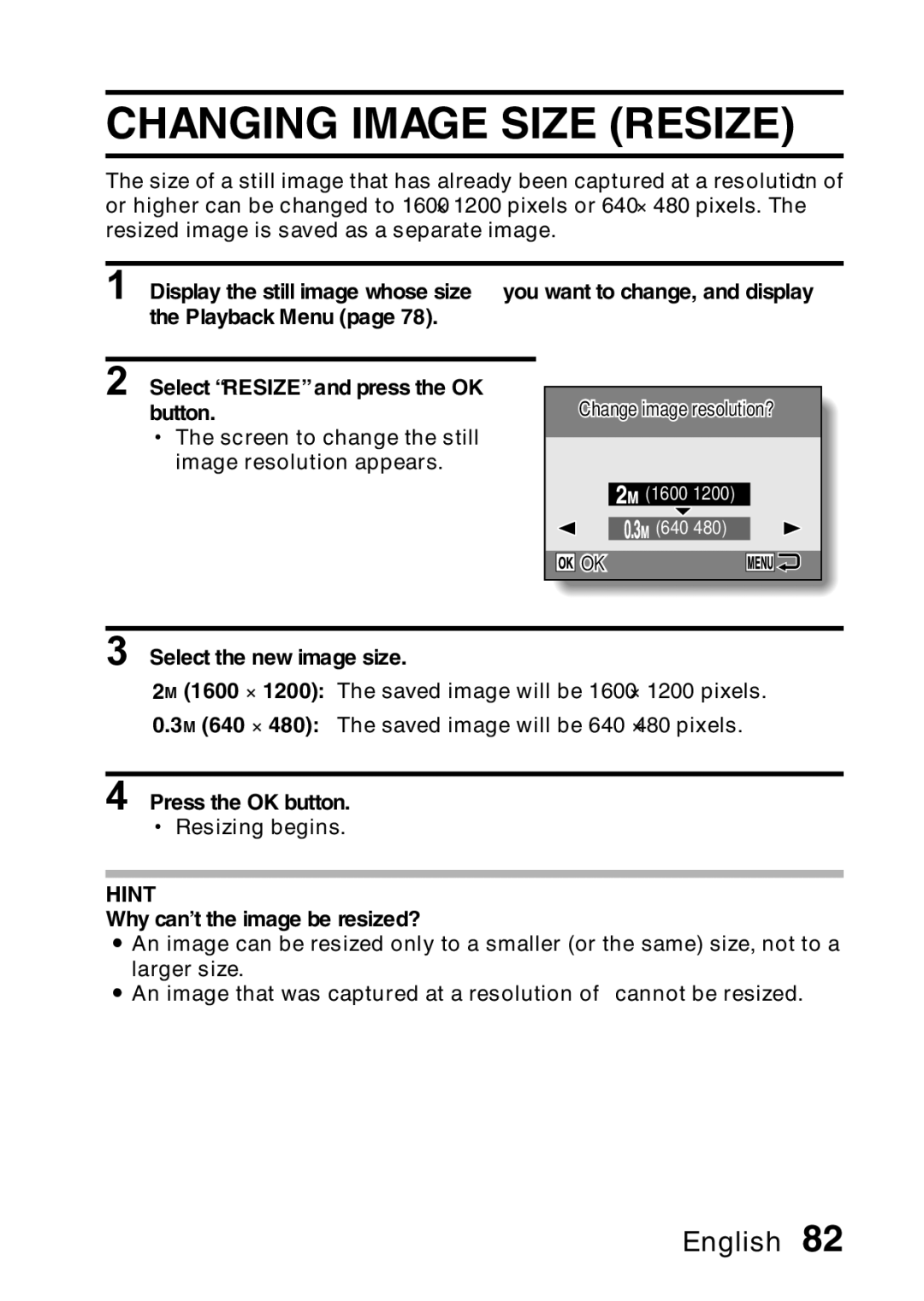 Samsung R50 Changing Image Size Resize, Playback Menu Select Resize and press the OK, Select the new image size 