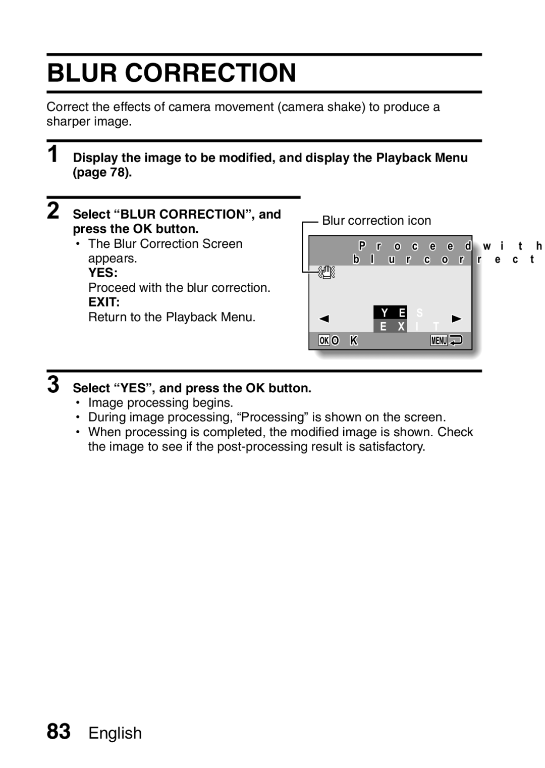 Samsung R50 instruction manual Blur Correction, Select YES, and press the OK button 