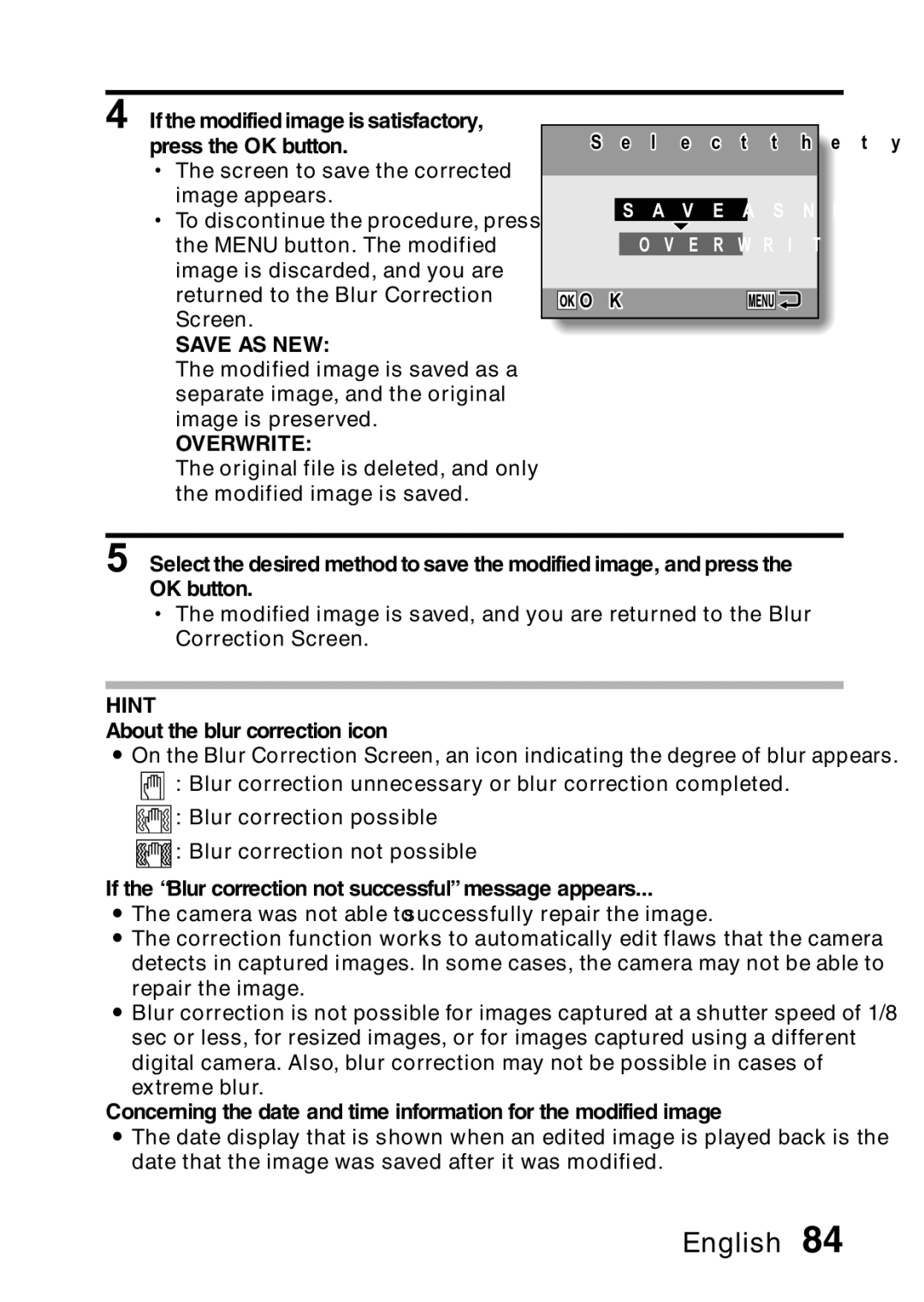 Samsung R50 instruction manual If the modified image is satisfactory, press the OK button, About the blur correction icon 