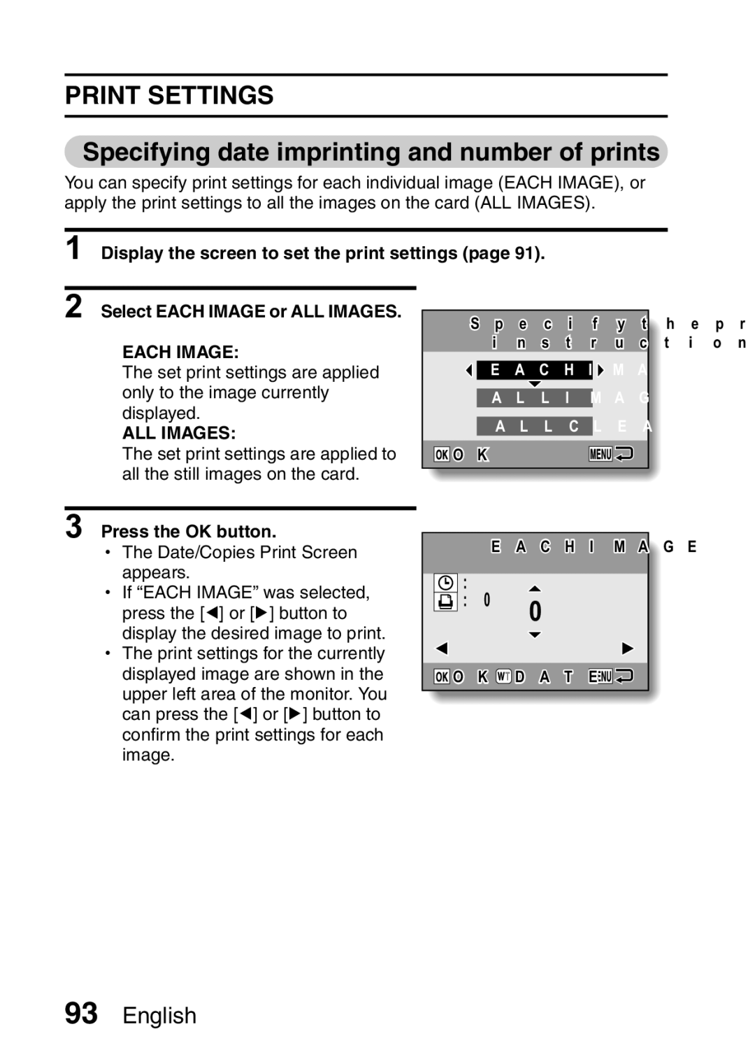 Samsung R50 instruction manual Print Settings, Specifying date imprinting and number of prints 