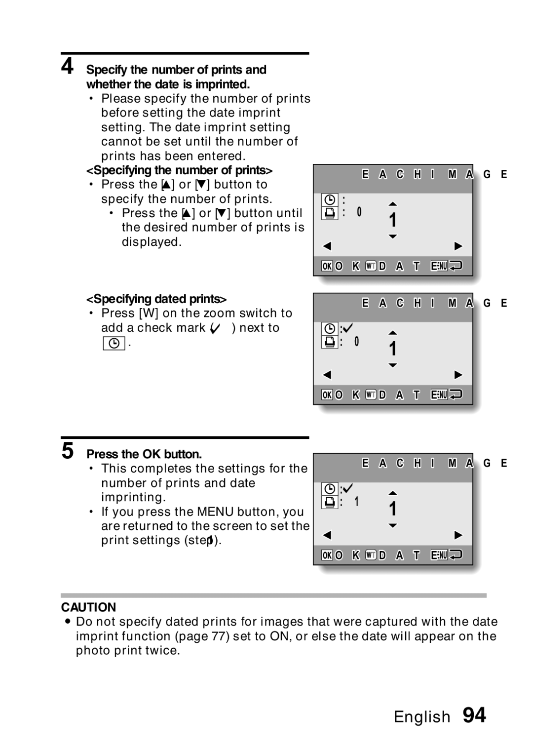 Samsung R50 instruction manual Specifying the number of prints, Specifying dated prints 