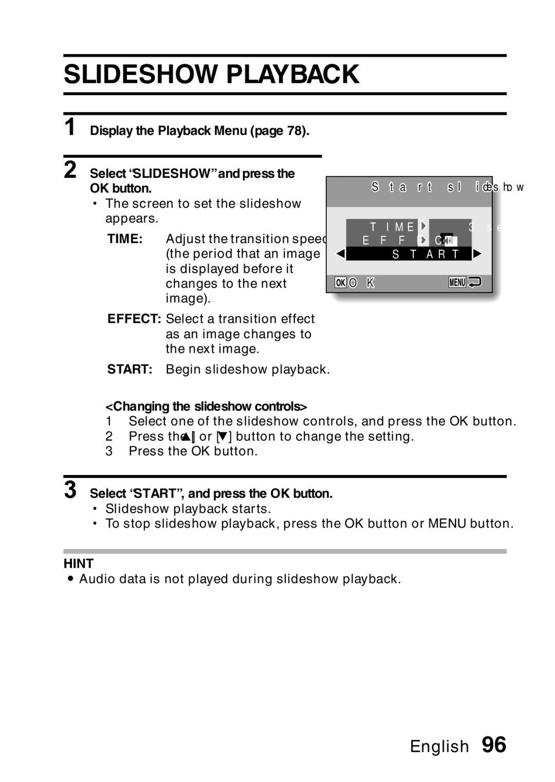 Samsung R50 instruction manual Slideshow Playback, Changing the slideshow controls, Select START, and press the OK button 