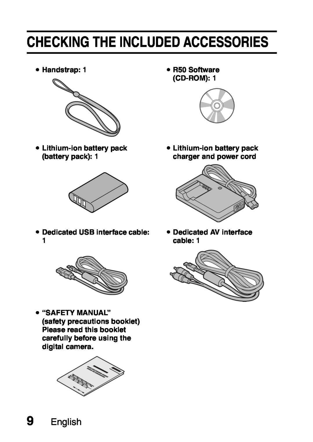 Samsung Checking The Included Accessories, English, i Handstrap, i R50 Software, Cd-Rom, i Lithium-ion battery pack 