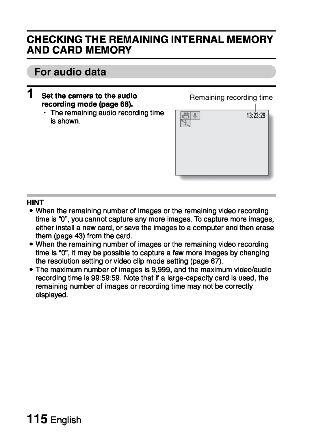 Samsung R50 CHECKING THE REMAINING INTERNAL MEMORY AND CARD MEMORY For audio data, English, 132329, recording mode page 
